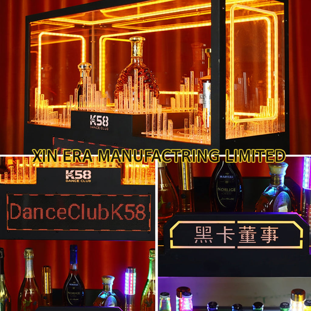 Xinera-3-Tier-LED-Display-Liquor-Cabinet-Nightclub-VIP-Rolling-Screen-Wine-Shelf-Programmable-Text-Marquee-Soundwave-Light-Columns-Mobile-Casters-K58-Factory-Real-Shot