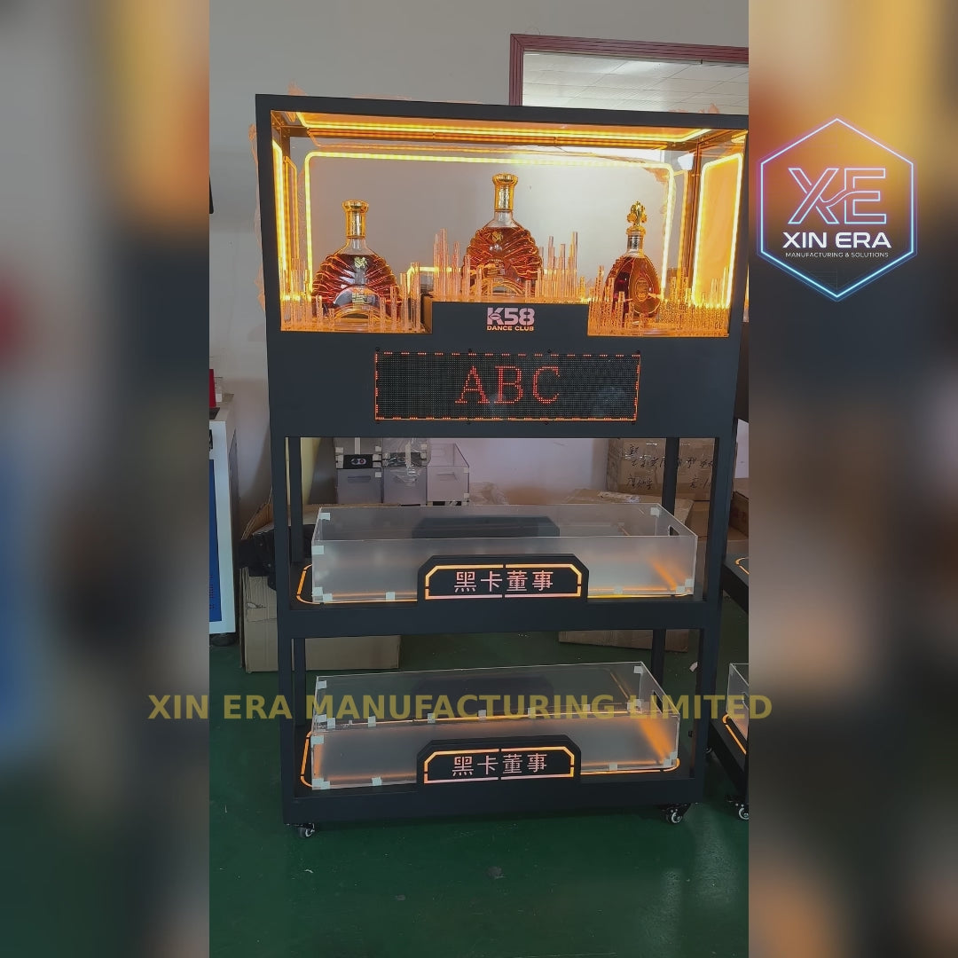 Xinera-3-Tier-LED-Display-Liquor-Cabinet-Nightclub-VIP-Rolling-Screen-Wine-Shelf-Programmable-Text-Marquee-Soundwave-Light-Columns-Mobile-Casters-K58-Factory-Real-Shot