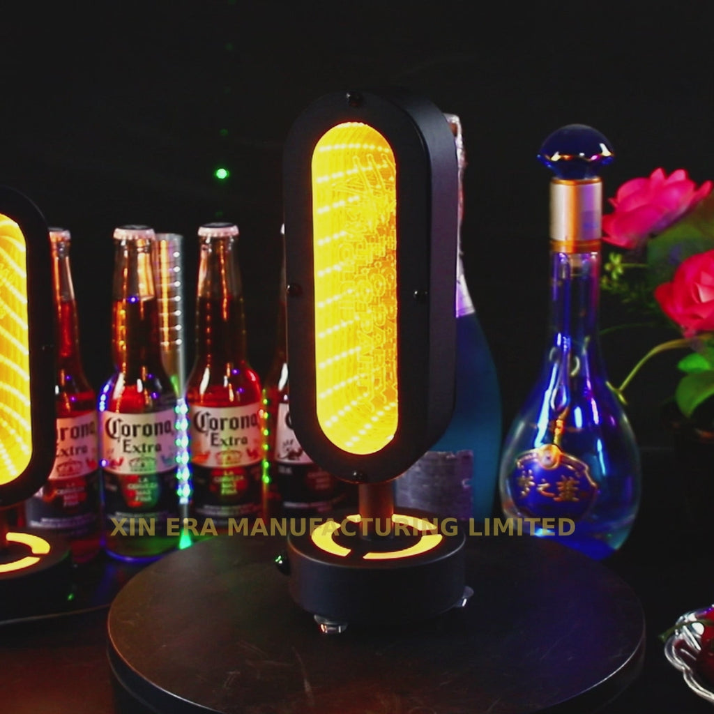 Custom branded infinity mirror LED table lamp with deep tunnel light effect for bar and lounge table decor.