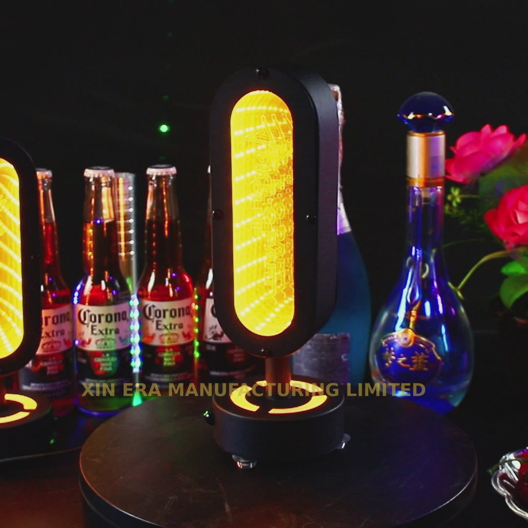 Custom branded infinity mirror LED table lamp with deep tunnel light effect for bar and lounge table decor.