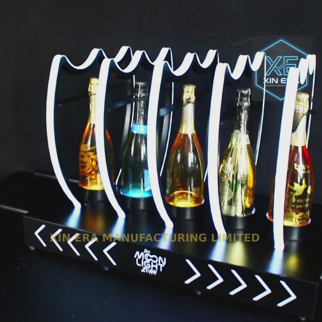 Xinera-Custom-Moonlight-Zone-Logo-LED-Champagne-Bottle-Presenter-5-Bottle-Shield-Luminous-Wine-Display-Rack-7-Color-Lockable-Nightclub-VIP-Factory-Real-Shot