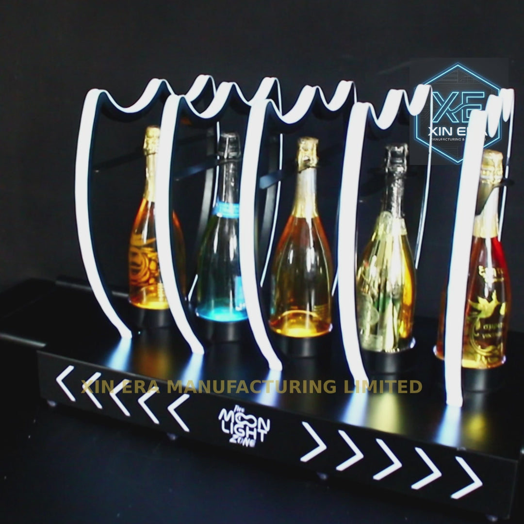 Xinera-Custom-Moonlight-Zone-Logo-LED-Champagne-Bottle-Presenter-5-Bottle-Shield-Luminous-Wine-Display-Rack-7-Color-Lockable-Nightclub-VIP-Factory-Real-Shot