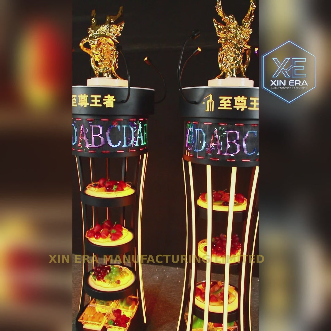 4-Tier LED Revolving VIP Fruit Tray - Custom Sculptural Topper (Dragon/Eagle/Animal) Glowing Display