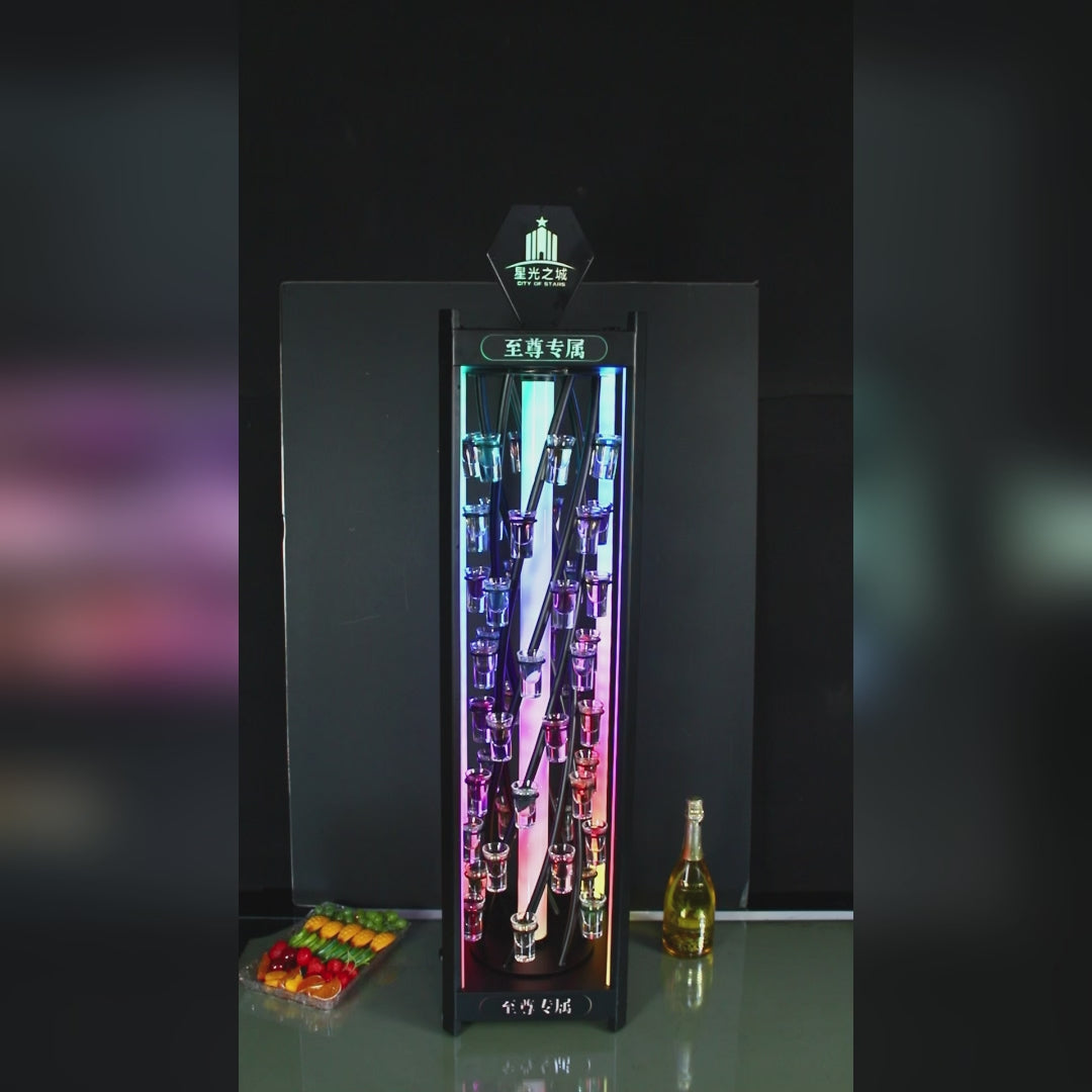 Bespoke LED Rotating Shot Glass Display Rack - Multi-Color Revolving Shot Tower for Nightclub VIP Service