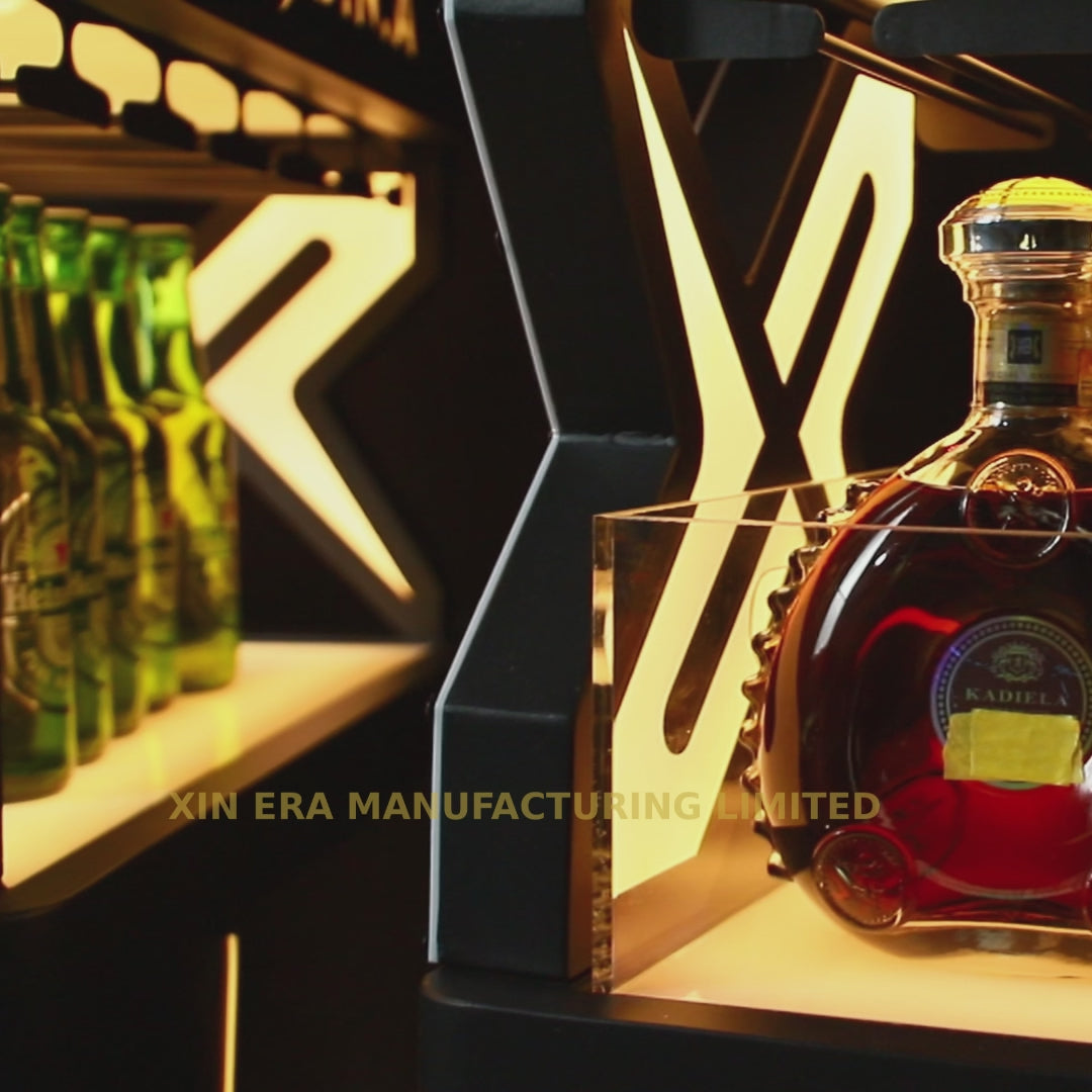 Direct factory supply of reinforced acrylic LED liquor display stands, customizable RGB colors for nightclubs.