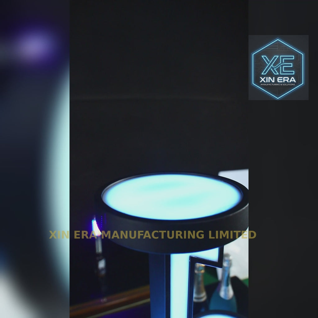 Video demonstration of a rechargeable LED fruit stand changing colors for bar and party atmosphere.