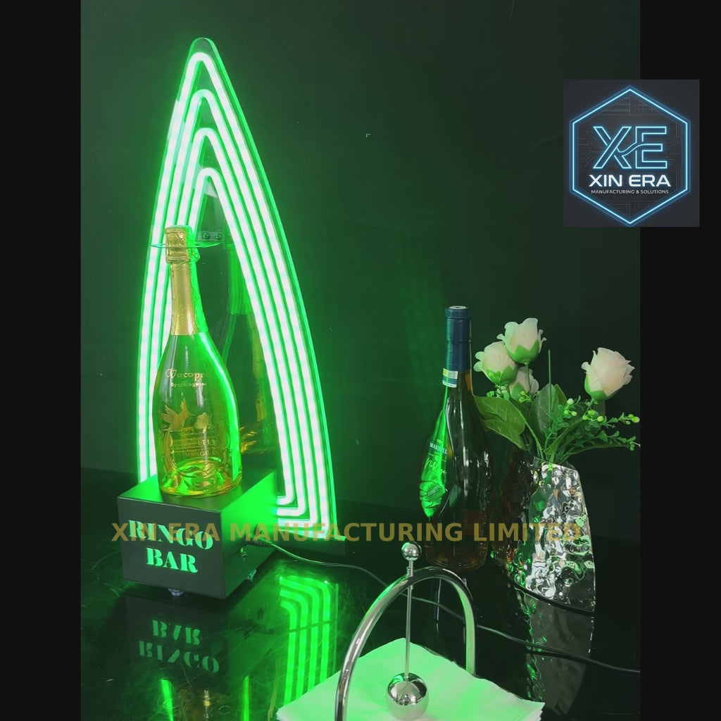 Video demonstration of VIP LED arch neon bottle glorifier showing dynamic lighting effects