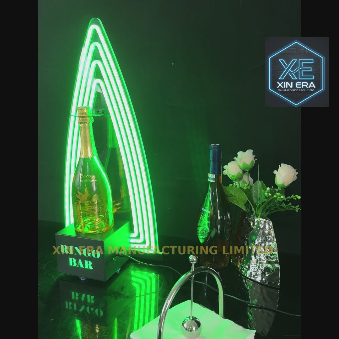 Video demonstration of VIP LED arch neon bottle glorifier showing dynamic lighting effects