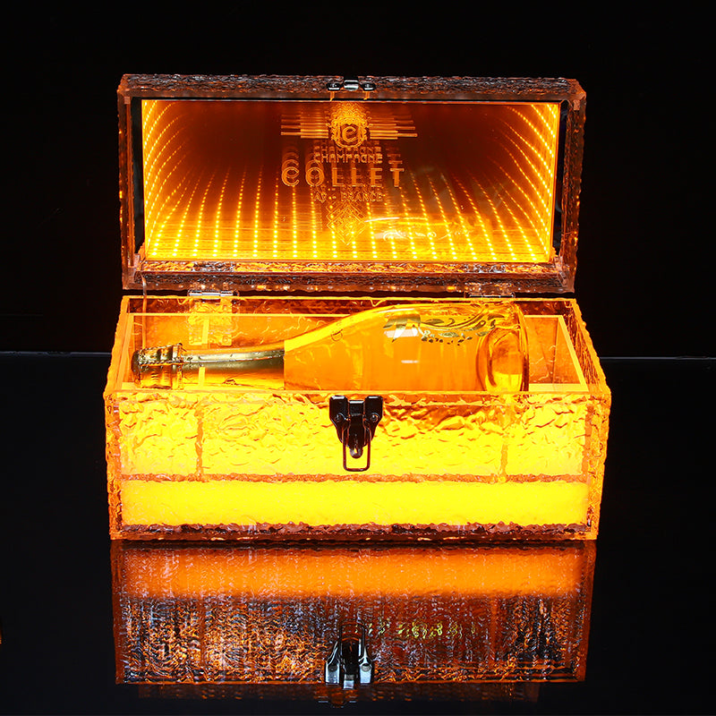 Video demonstration of VIP LED champagne treasure chest showing dynamic open ritual effects